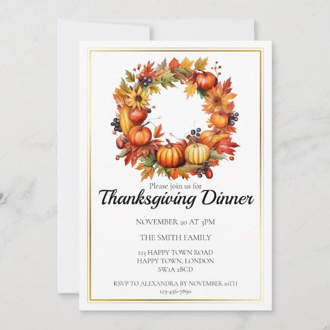 Invitación Corona de Otoño Personalizable Cena de Acción de G (Anverso)