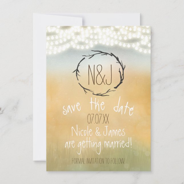 Invitación Corona de palos rústicos y luces de cadena Ahorra  (Anverso)