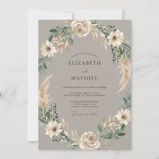 Invitación Corona de Pampas Taupe Boda (Anverso)