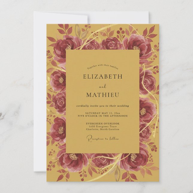 Invitación Corona de peonía mostaza suave boda (Anverso)
