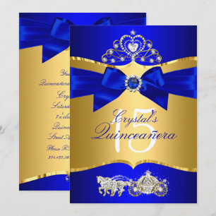 Invitación Corona de perlas de oro azul real Quinceañera