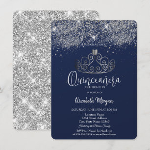 Invitación Corona de Plata Brillo Confeti  Quinceañera Azul 