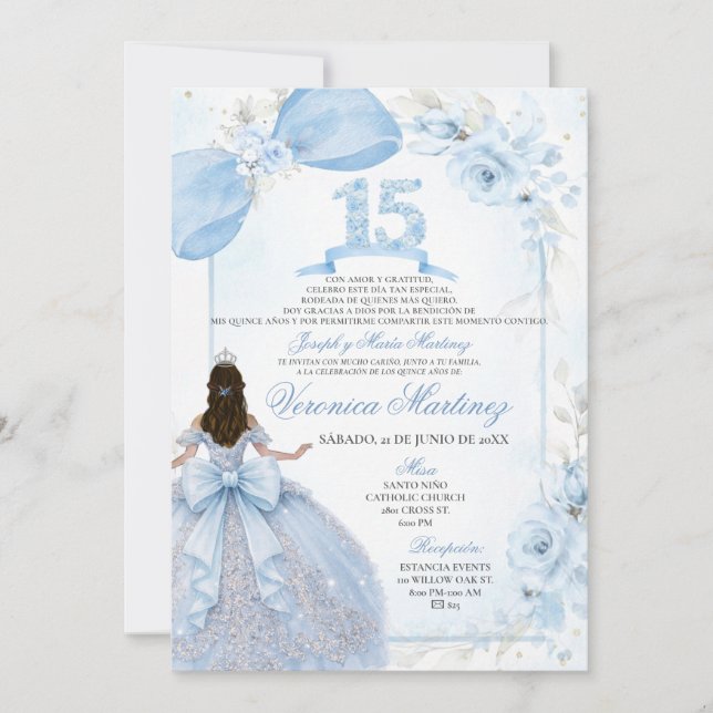 Invitación Corona de plata de flores polvorientas azules espa (Anverso)
