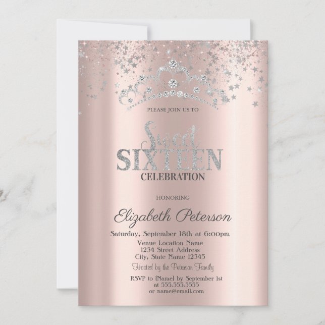 Invitación Corona de plata moderna confeti rosa Dulces 16 (Anverso)