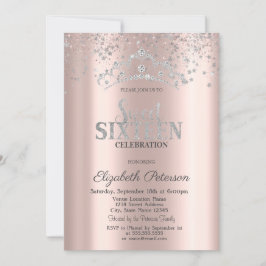 Invitación Corona de plata moderna confeti rosa Dulces 16