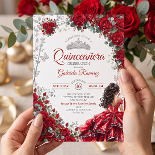 Invitación Corona de plata Quinceañera roja mariposas