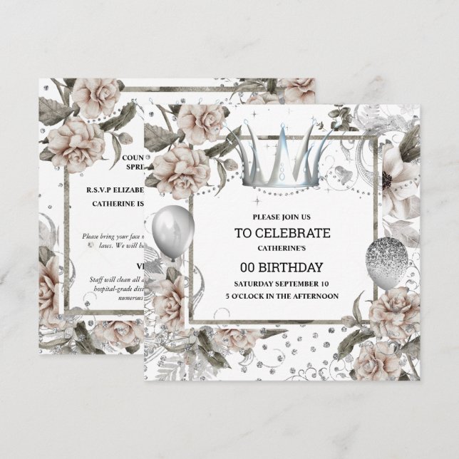 Invitación Corona de plata shabby chic purpurina glam (Anverso / Reverso)