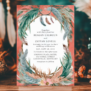 Invitación Corona de plumas boho con boda de atrapasueños