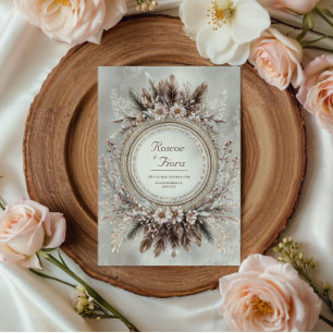 Invitación Corona de plumas boho floral rosa boda