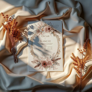 Invitación Corona de plumas boho rosa floral boda dorada