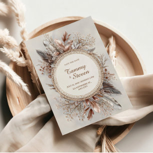 Invitación Corona de plumas boho tono tierra marco dorado bod