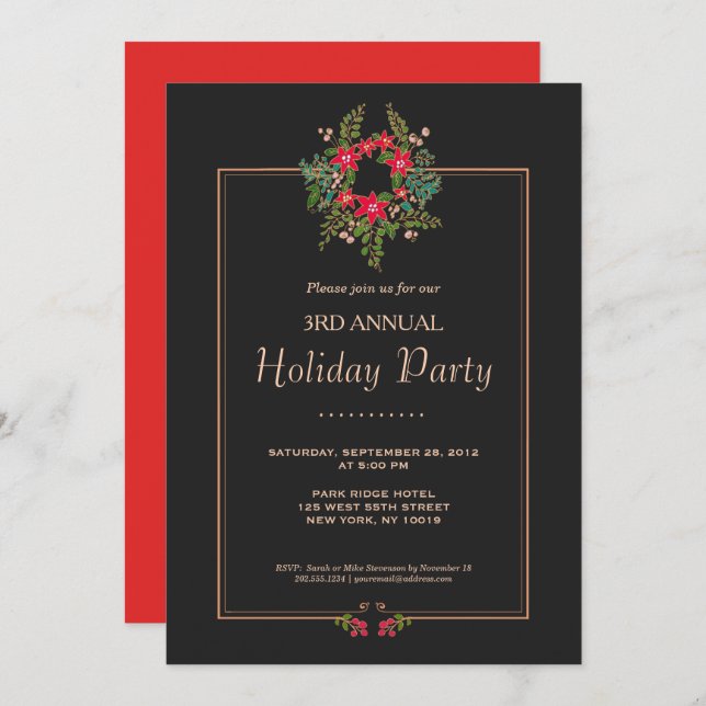 Invitación Corona de Poinsettia Elegante Fiesta de Vacaciones (Anverso / Reverso)