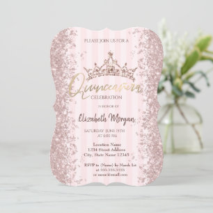 Invitación Corona de polvo de brillo oro rosa Rayas rosadas