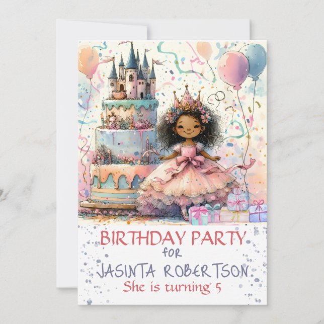 Invitación Corona de Princesa Africana Americana Castillo Abs (Anverso)