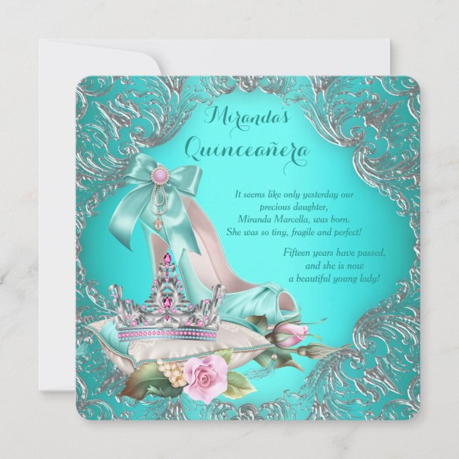 Invitación Corona de Princesa Azul Turquesa Quinceañera (Anverso)