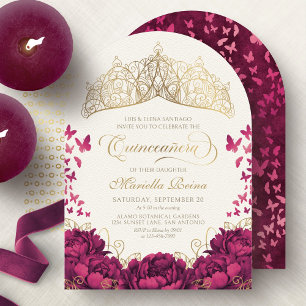 Invitación Corona de Princesa Borgoña Mariposas Quinceañera