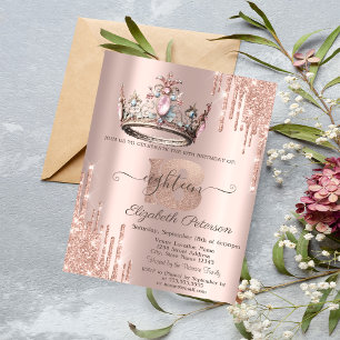 Invitación Corona de Princesa Brillo Gotea Rosa Dorado 18
