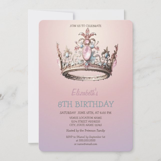 Invitación Corona de Princesa Chic Brillo Cumpleaños  (Anverso)