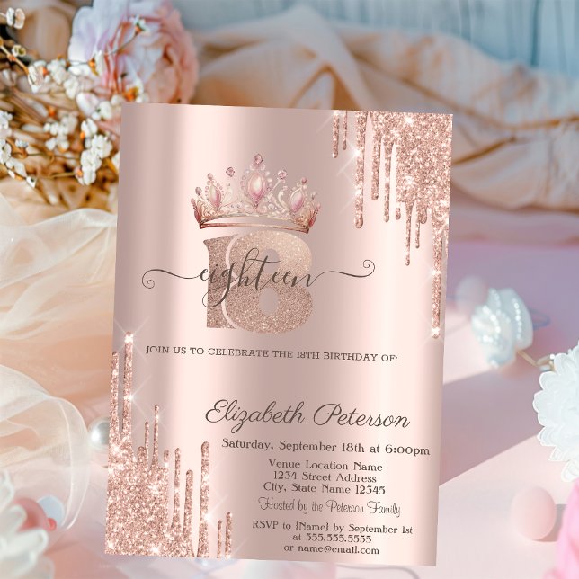 Invitación Corona de Princesa Chic Brillo Goteo Rosa Dorado 1 (Subido por el creador)