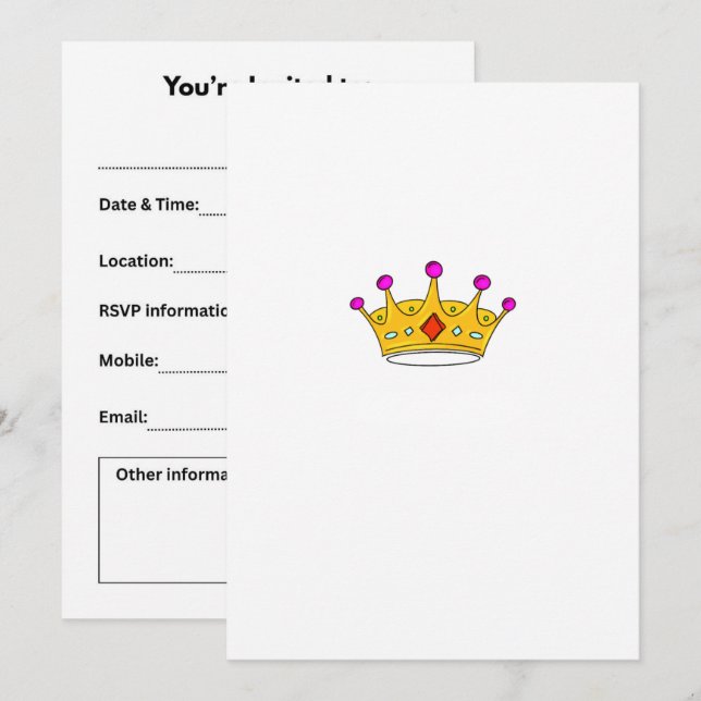 Invitación Corona de princesa, corona de príncipe, tema de co (Anverso / Reverso)