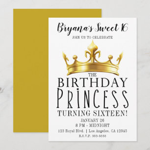 Invitación Corona de Princesa Cumpleaños Tiara Dorada Fiesta