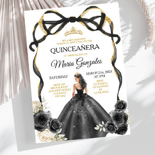 Invitación Corona de princesa de lazo floral negro Quinceañer