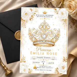 Invitación Corona de Princesa de Oro Blanco Cumpleaños 3º