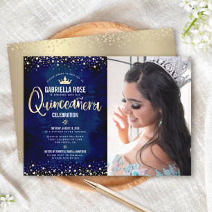 Invitación Corona de princesa de purpurina dorada y azul mari