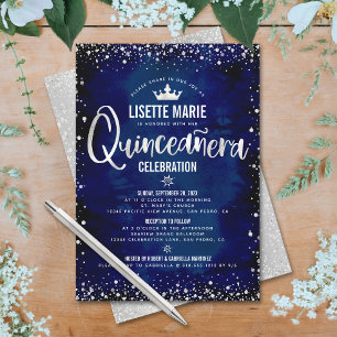 Invitación Corona de princesa de purpurina plateada Navy Quin