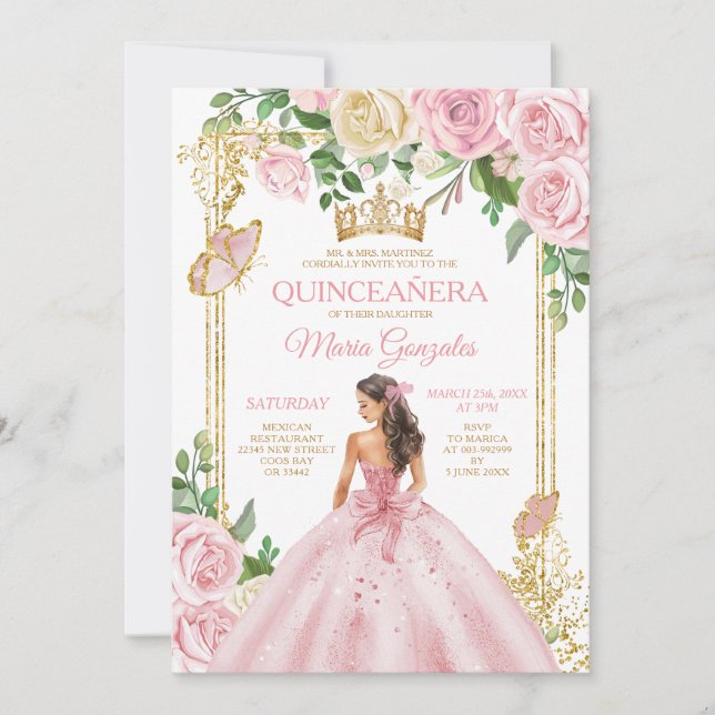 Invitación Corona de Princesa de Rosa Suave Quinceañera Niña  (Anverso)