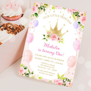 Invitación Corona de princesa floral rosa cumpleaños 1