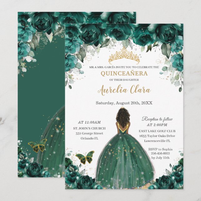Invitación Corona de princesa floral verde esmeralda (Anverso / Reverso)