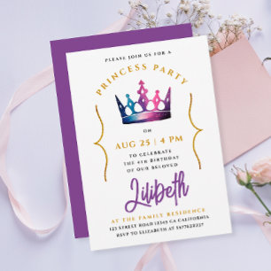 Invitación Corona de Princesa Lindo Tiara Púrpura Acuarela  
