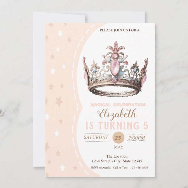 Invitación Corona de princesa mágica estrellas cumpleaños (Anverso)