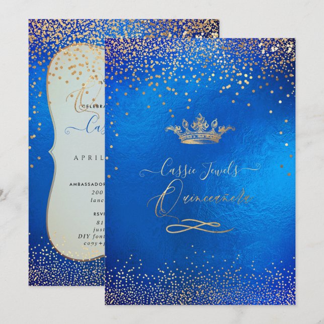Invitación Corona de princesa Quinceañera Confeti Dorado Fals (Anverso / Reverso)