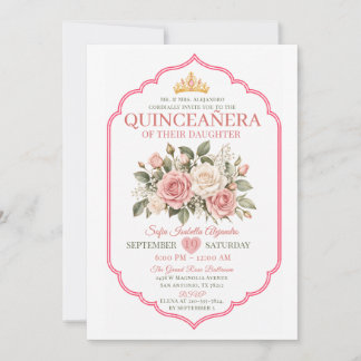 Invitación Corona de Princesa Quinceañera Floral Rosa Elegant