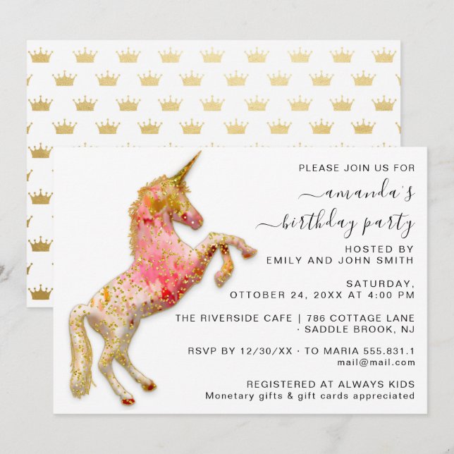 Invitación Corona de Princesa Real Dorado Brillo Unicornio Ro (Anverso / Reverso)