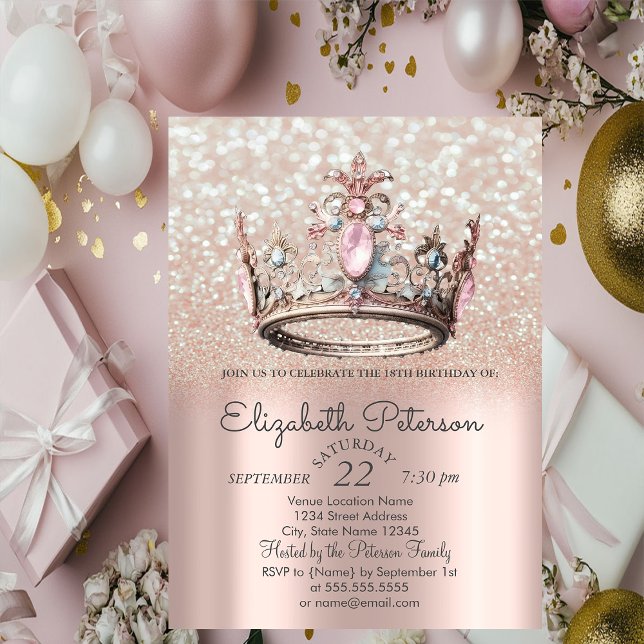Invitación Corona de princesa rosa dorado bokeh cumpleaños 18 (Subido por el creador)