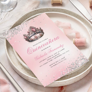 Invitación Corona de Princesa Rosa Quinceañera Cumpleaños 15
