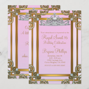 Invitación Corona de princesa rosa y dorada Tiara Sweet 16 Pa