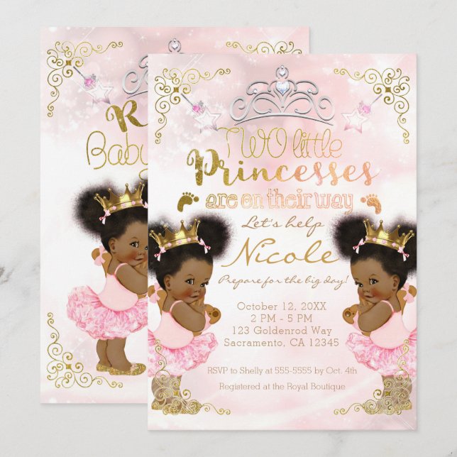 Invitación Corona de Princesa Tutu Étnico Gemelas Shower para (Anverso / Reverso)