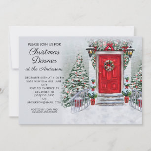 Invitación Corona de puerta roja vintage de Navidad para cena