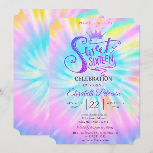 Invitación Corona de purpurina chic para Sweet 16  (Anverso / Reverso)