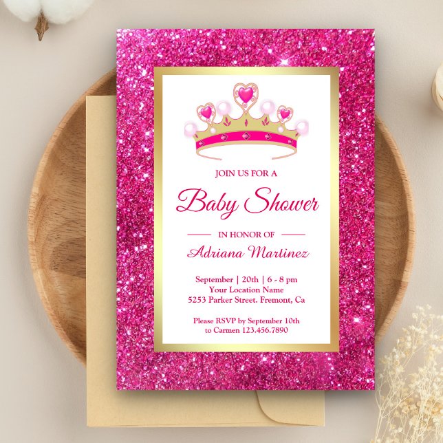 Invitación Corona de purpurina rosa caliente para princesa Ba (Subido por el creador)