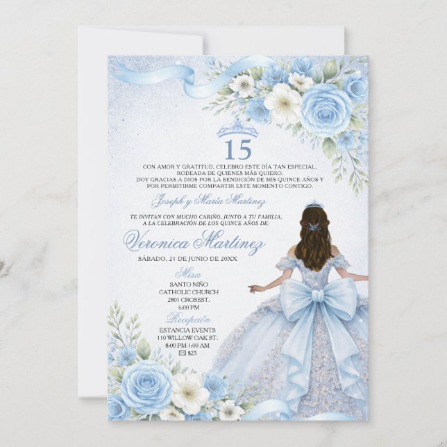 Invitación Corona de Quinceañera 15 Años Azul Polvoriento Mis (Anverso)