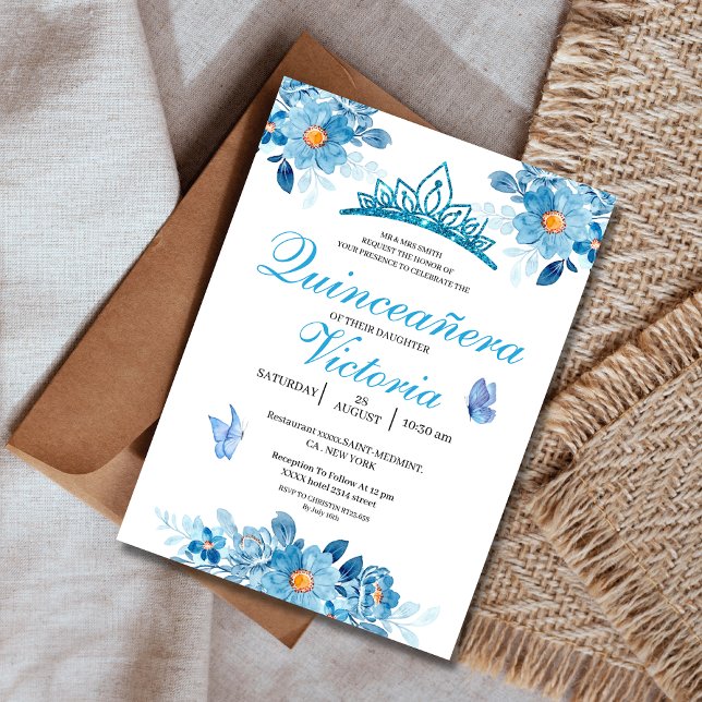 Invitación Corona de Quinceañera Bebé Mariposas Florales Azul (Subido por el creador)