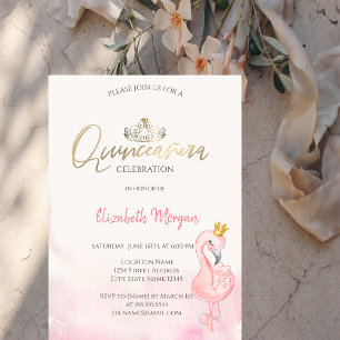 Invitación Corona de Quinceañera Flamingos Rosas de Oro