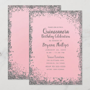 Invitación Corona de quinceañera rosa con brillo plateado