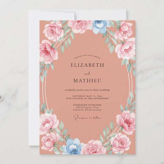 Invitación Corona de ranúnculo coral para boda (Anverso)