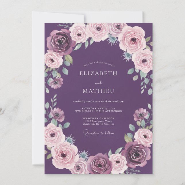 Invitación Corona de Ranúnculos Ciruela Boda (Anverso)